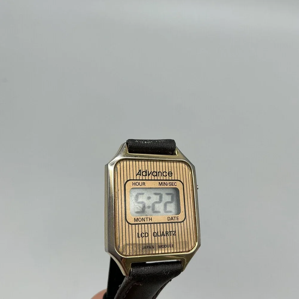 Vintage Advance Womens Watch 23mm Gold LCD Digital Black Leather New Battery